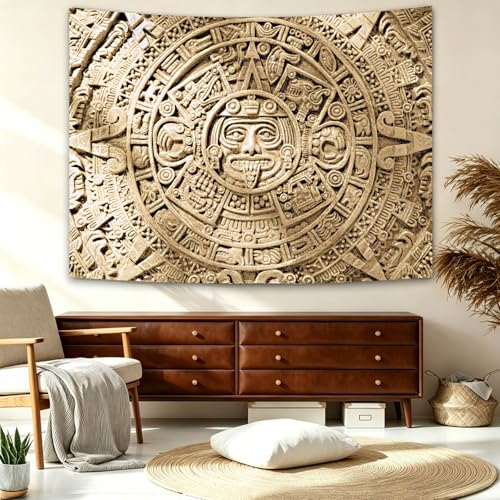 SHRAPHY Aztec Mayan Tapestry, Ancient Civilization History Calendar View Blanket Wall Hanging, Mandala Home Decor Art for Bedroom Living Room Dorm Office 80x60Inches