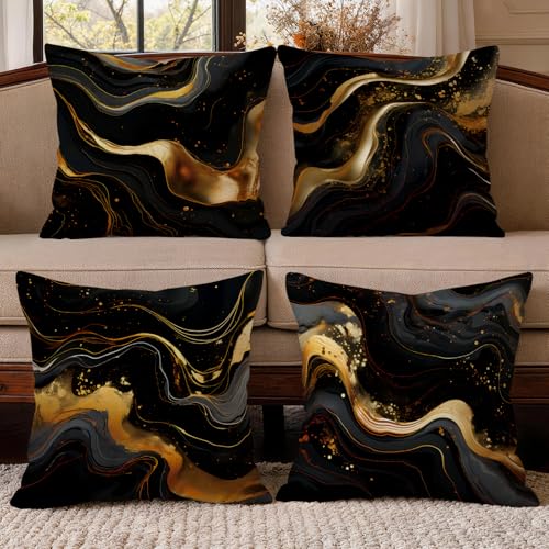 OBSEDE Abstract Black Gold Marble Decorative Throw Pillow Covers 18 × 18 in, Set of 4, Couch Cushion Cases Inserts for Sofa Bed Living Room Home Decor, Double-Sided Print - color: Abstract Black Gold Marble, size: 18" x 18" (Pack of 4)