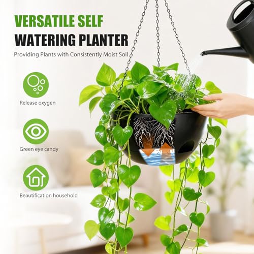 8 Inch Hanging Planters for Indoor Outdoor Plants, 4 Pack Black Plastic Self Watering Hanging Baskets with Drainage Holes and Chain for Garden Porch - color: Black