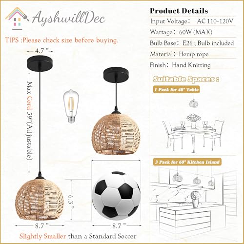 3 Pack Wicker Pendant Light Natural Woven Pendant Light Boho Chandelier Light Fixture Dome Rustic Farmhouse Pendant Lights Rattan Light Fixture for Dining Room Kitchen Island (Bulb Incl.) - color: 8.7" Natural 3-Pack