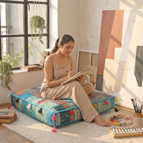 THE ART BOX 35" X 35" Large Boxed Shaped Premium Hypoallergenic Square Stuffer Best for Meditation Floor Pillow Cover, Mandala Ottoman Cushion, Dog Beds, Lounger, Pet Beds - color: Turquoise