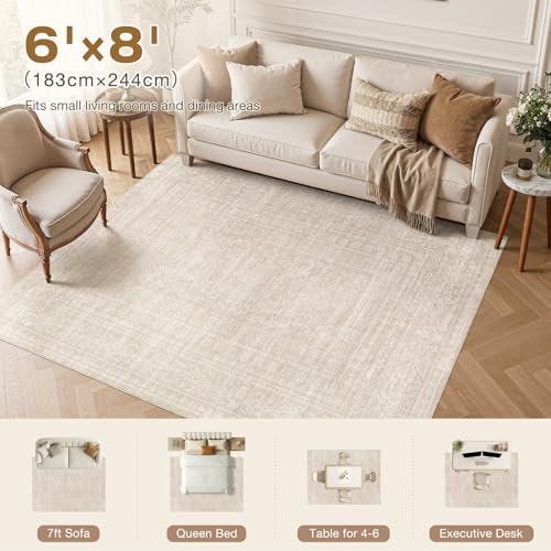 Nakagishi 6x8 Area Rugs Living Room: Washable Large Vintage Rug Neutral Non-Slip Soft Stain Resistant Indoor Carpet for Bedroom Nursery Dining Room Office Playroom - Beige - color: Beige, size: 6' x 8' (Rectangular)