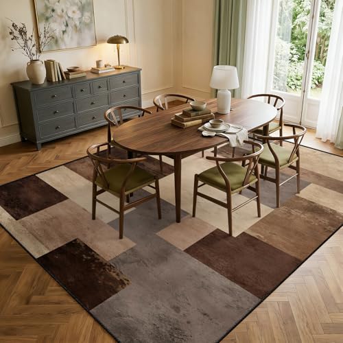 Modern Abstract Geometric Area Rug 2x3ft Brown Beige Gray Patchwork Rugs, Vintage Minimalist Rugs Washable Low-Pile Rug for Living Room Bedroom Modern Farmhouse Decor - color: Abstract Geometric, size: 2' x 3' (Rectangular)