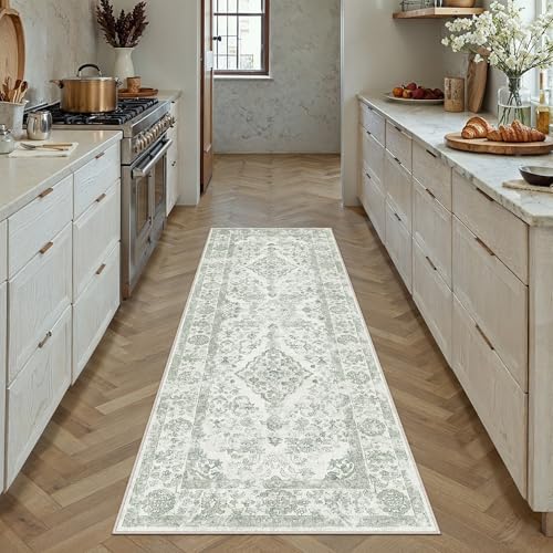 PureCozy Sage Green 2x6 Runner Rug for Hallway Washable Vintage Floral Medallion Soft Long Carpet Low Pile Non Slip Distressed Indoor Doormat for Kitchen Laundry Dining Living Room - color: Sage Green, size: 2' x 6' (Runner)
