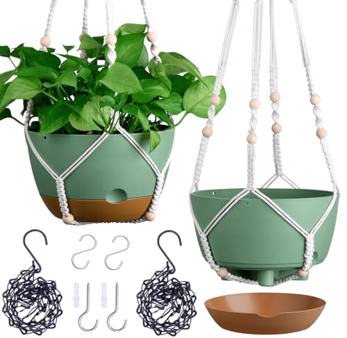 Set of 2-10 Inch Hanging Planters for Indoor Plants with Self-Watering Includes Hanging Pots for Plants, Outdoor Hanging Plant Pot with Drainage, and 2 Types of Baskets Hangers (Green, 10inch) - color: Green, size: 10inch
