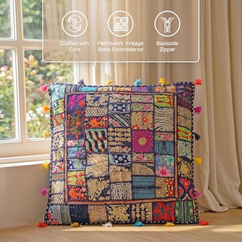 THE ART BOX Cotton Patchwork Vintage Boho Embroidered Floor Pillows & Cushion Cover Dog Pouf Seating Pouf Meditation Pillow Pet Bedding Cat Bed Boho Home Décor (35x35 Inches, Cover Only) - color: Blue