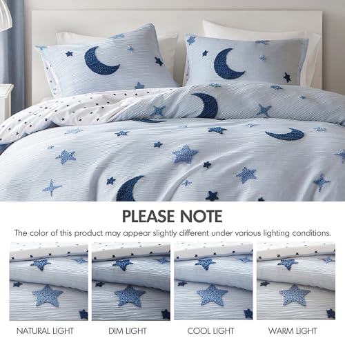 Intelligent Design Kids Cosmos Full Size Duvet Set – Blue Star and Moon Tufted Chenille, Reversible 3-Piece Bedding with Star Pillow, Full/Queen - color: Blue, size: Full/ Queen