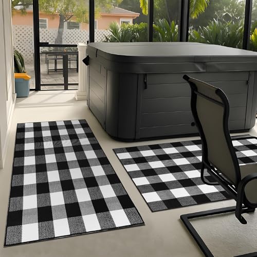Drydiet 2 Pcs Black and White Buffalo Plaid Rug 2.3 x 3.6 ft Outdoor Front Door Rug Cotton Spring Decor Washable Doormat Modern and Simple Farmhouse Layering Mats for Front Porch Home Entryway Decor
