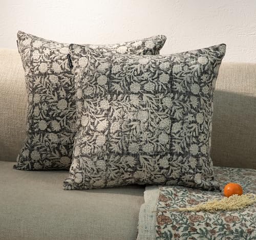 Handblock Printed Vintage Indian Cotton Decorative Throw Pillow Covers, Set of 2 (Shadow Grey, 18" x 18" (Pack of 2)) - color: Shadow Grey, size: 18" x 18" (Pack of 2)