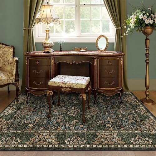 3x5 Floral Washable Area Rug for Living Room, Vintage Boho Rugs for Bedroom Dining Room, Botanical Birds Non Slip Low Pile Forest Throw Carpet for Farmhouse Office, Retro Gold/Green - color: Gold Green (Larger Pattern), size: 3' x 5' (Rectangular)