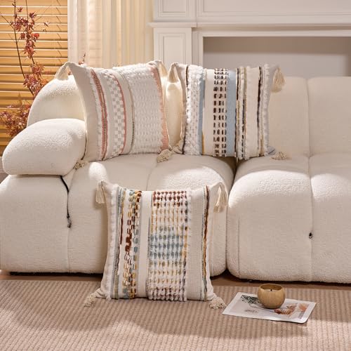 Chenille Striped Texture Decorative,Tassels Woven Throw Pillows,18x18 inch Bohemian Pillow Set, (White-Blue Stripe Pack of 2, The Pillowcase has Tassels) - color: White-blue Stripe Pack of 2, size: 18" x 18" (Pack of 1)