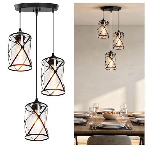 3 Light Pendant Lighting, Farmhouse Hanging Light Fixture for Kitchen Island & Dining Room, Industrial Vintage Ceiling Lamp with E26 Base, Adjustable Height, Matte Black with Glass Shades - color: X-Frame Glass Pendant - 3-Light (Black)