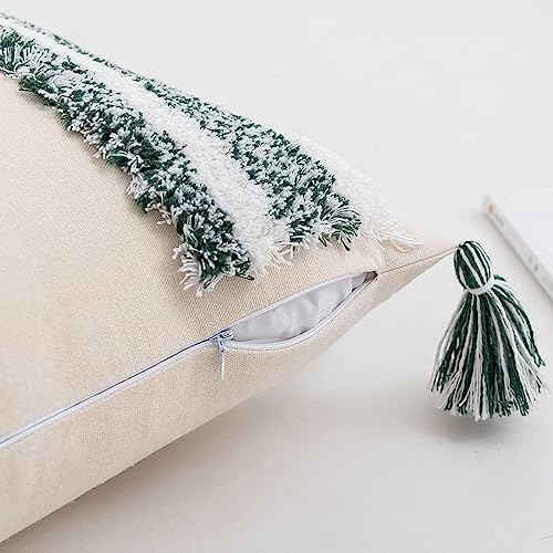 Boho Tufted Throw Pillow with Tassels, Country Thick Striped Style Soft Cushion Cover Decor wuth Zipper for Chair Bed Couch Living Room (Green,12" x 20") - color: Green, size: 12" x 20"