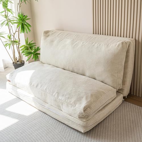 MAXYOYO Folding Sofa Bed, Floor Sofa Convertible Chair with Washable Cover, Floor Couch Lounge Bean Bag Chair Bed for Living Room, Beige, 39x91 Inch - color: Beige, size: Classic Twin