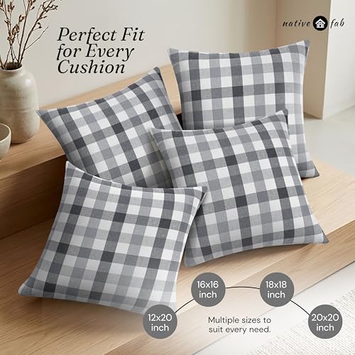 Native Fab Throw Pillow Covers 2 Pack, 18x18 Inches, 100% Cotton, Woven Gingham Plaid, Premium Decorative Cushion Cases, Modern Farmhouse Decor for Living Room, Sofa, Couch, Stone & Charcoal Grey - color: Gingham Stone & Charcoal Grey, size: 18" x 18" (Pa