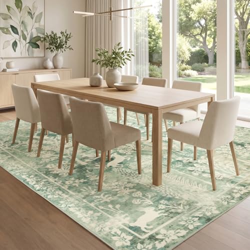 8x10 Area Rugs for Living Room, Large Washable Rug Cute Vintage Distressed Non Slip Bedroom Carpet, Low Pile & Thin Floral Rug for Dining Room Farmhouse Nursery Playroom Home Office, Sage Green - color: Cute | Sage Green, size: 8' x 10' (Rectangular)