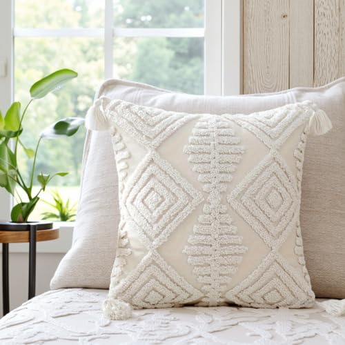 Andreannie Pack of 2 Boho Tufting Throw Pillow Cover Embroidered Textured Cushion Cover with Tassels Soft Home Decororative for Couch Sofa 18x18 inch (Boho White) - color: Boho White