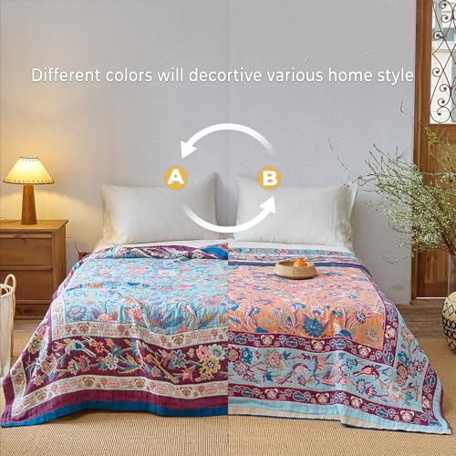 Boho Cotton Throw Blanket,Ultra-Soft Rustic Quilt for Bed, Home Decor & Travel - Large 80"x90" Muslin Blanket - All-Season Lightweight Bedspread & Throw for Women & Moms,Purple - color: Floral Slumber, size: 80"x90"