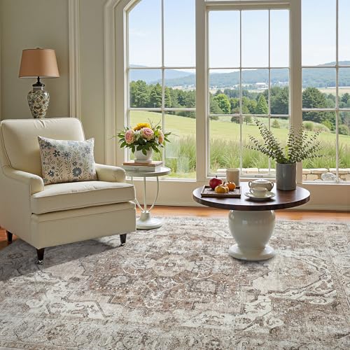 jinchan Area Rug 5x7 Washable Vintage Rug Traditional Thin Taupe Multi Floor Cover Distressed Floral Print Indoor Mat for Bedroom Living Room Kitchen Dining Room - color: Medallion Taupe Multi, size: 5' x 7' (Rectangular)