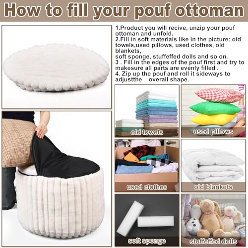 Teenyyou 2 Pcs 20 x 15 Inch Unstuffed Pouf Cover Ottoman Foot Rest - No Filler, Faux Rabbit Fur Foot Stool Floor Bean Bag Floor Chair Storage for Living Room Bedroom Home Decor(Beige) - color: Beige, size: 20 x 15 In