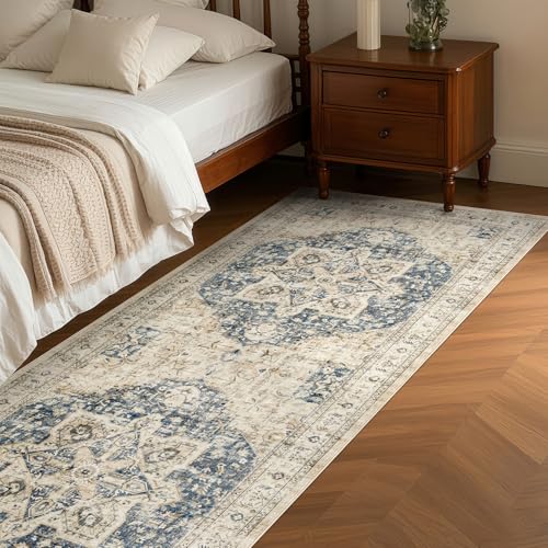 Tortania Area Rug 2x6 Runner Rugs - Washable Vintage Oriental Farmhouse Thin Indoor Carpet for Living Room Bedroom Hallway Entryway Kitchen Under Dining Table Home Office - Cream/Blue - color: Cream/Blue, size: 2' x 6' (Runner)