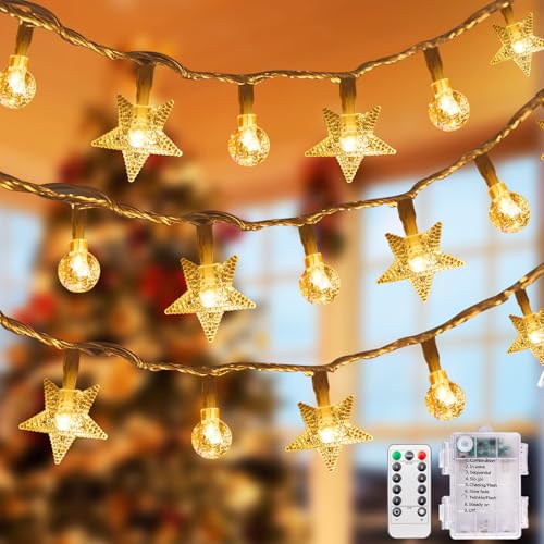 33Ft 80 LED Star String Lights,8 Modes Globe Fairy Lights Battery Operated with Remote&Timer,Waterproof Christmas Globe Lights for Indoor Outdoor Bedroom Garden Party Decor Warm White