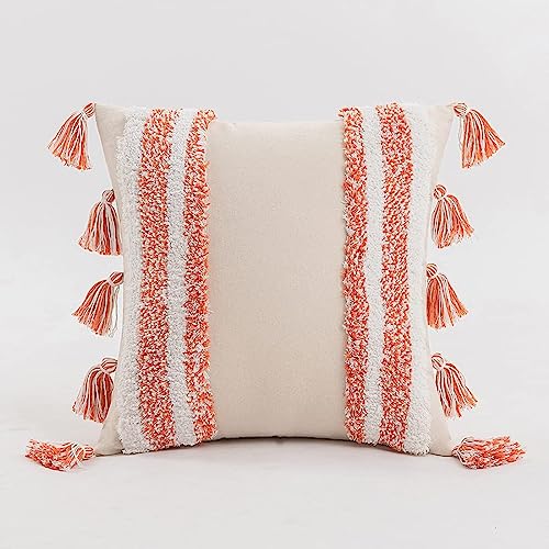 Boho Tufted Throw Pillow with Tassels, Country Thick Striped Style Soft Cushion Cover Decor wuth Zipper for Chair Bed Couch Living Room (Orange,18" x 18") - color: Orange, size: 18 x 18-Inch