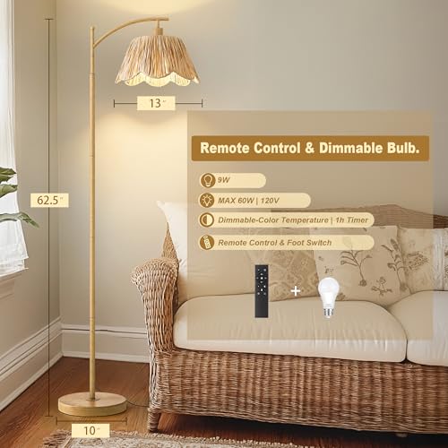 Oneach Arc Floor Lamp for Living Room with 3 Color Temperatures, Rattan Boho Floor Lamp with Remote & Dimmable Bulb, Farmhouse Floor Lamps Suitable for Bedroom, Study(Light Woodgrain) - color: Wood Brown
