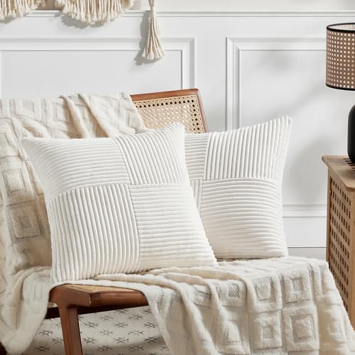 Fancy Homi 2 Packs Cream White Samll Decorative Throw Pillow Covers 12x12 Inch with for Couch Bed Sofa, Rustic Farmhouse Boho Home Decor, Soft Corss Patchwork Corduroy Square Cushion Case 30x30 cm - color: Cream White, size: 12" x 12" (Pack of 2)