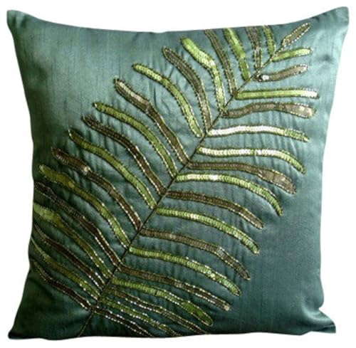 HomeCentric Decorative Dark Green 16x16 inch Silk Throw Cushion - Tropical Designer with Floating Leaf Pattern - color: 3. Dark Green (Floating Leaf), size: 16" x 16" (Pack of 1)