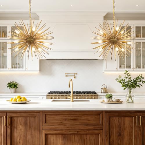 23.8" Modern Sputnik Chandelier 9-Lights Mid-Century Modern Starburst Golden Chandelier Luxury Gold Solid Metal Sputnik Satellite Chandeliers for Dining Room, Kitchen Island, Bedroom, E12 - color: Gold 23.8"