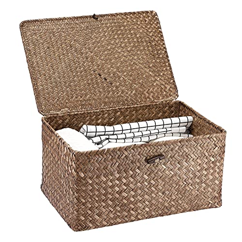 Hipiwe Wicker Shelf Baskets Bin with Lid, Handwoven Seagrass Basket Storage Bins Rectangular Household Basket Boxes for Shelf Wardrobe Home Organizer, Coffee Large - color: Coffee, size: Large