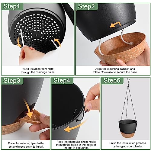 3 Pack Hanging Planter Indoor Outdoor Flower Pots 7/6.5/5 Inch, Self-Watering Hanging Pot with Drainage Holes Hanging Baskets Holder Plant Pots for Garden (Black) - color: Black, size: 7/6.5/5 Inch