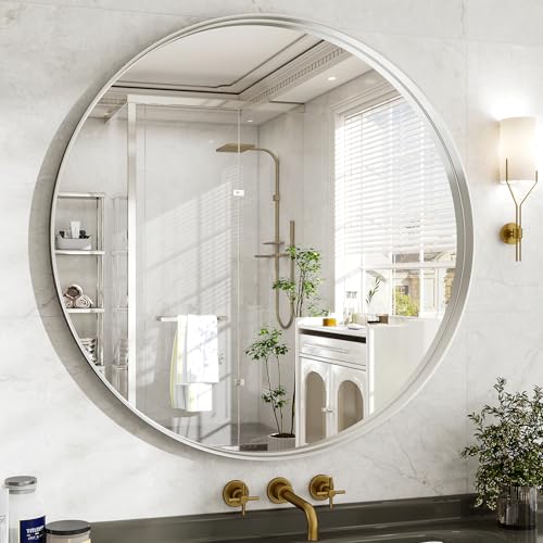 48 Inch Round Bathroom Mirror - Wall Mounted Circle Mirror with Metal Frame, Modern Mirror Suitable for Bathroom, Vanity, Entryway, Living Room, Wall Decor,Silver - color: Silver, size: 48"L x 48"W