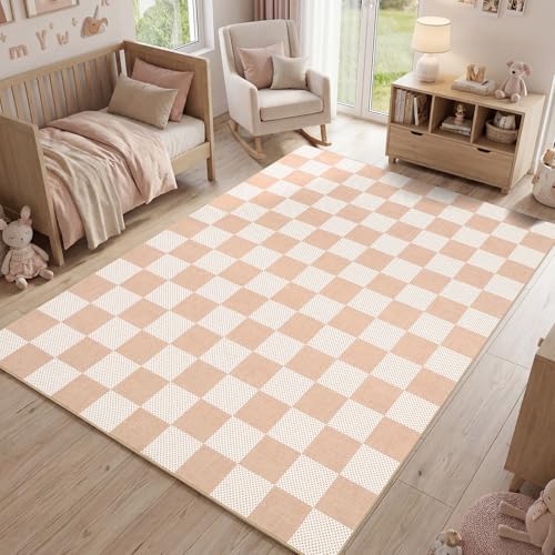 GarveeHome Checkered Blush Beige Neutral Nursery Kids Playroom 4x6 Washable Rug Geometric Modern Soft Low-Pile Stain Resistant Small Rug for Bedroom Entryway Non-Slip TPE Backing - color: Blush Beige, size: 4' x 6' (Rectangular)