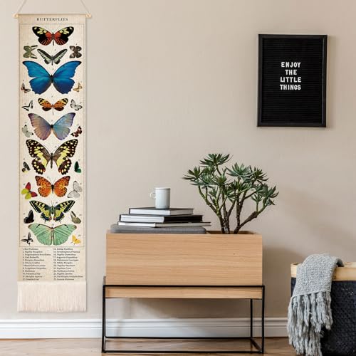 Geetery Vintage Butterfly Vertical Tapestry Wall Hanging Long Narrow Wall Art Fabric Butterfly Wall Hanging Reference Illustrative Botanical Tassel Tapestry Long Vertical Wall Decor for Home Decor