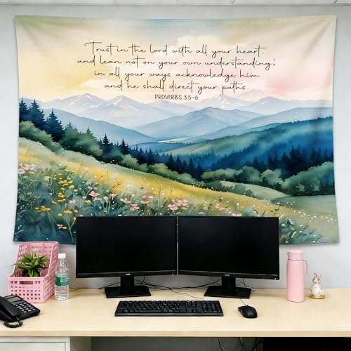 gsgfdshf Christian Mountain Wall Tapestry, Proverbs 3:5-6 Trust in the Lord with All Your Heart Bible Verse Tapestry Wall Hanging for Bedroom Living Room Home Church Decor, 50x60 Inch - color: Landscape Text-Tapestry-C