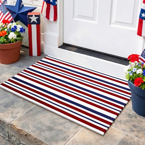 Moucuny Red Blue White 4th of July Striped Rug 250th Anniversary Mat Patriotic Outdoor Front Porch USA Door Mat Welcome Layering Rug 4th of July Doormat for Entryway Farmhouse Decor (2' X 3')
