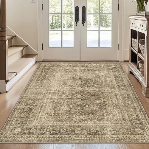 FMFUNCTEX 4x5 Washable Area Rug Neutral Vintage Brown Non Slip Low Pile Traditional Indoor Carpet for Entryway Living Room Bedroom Soft Retro Floral Mat Throw Rug for Dining Office Kitchen Entryway - color: Brown, size: 4' x 5' (Rectangular)