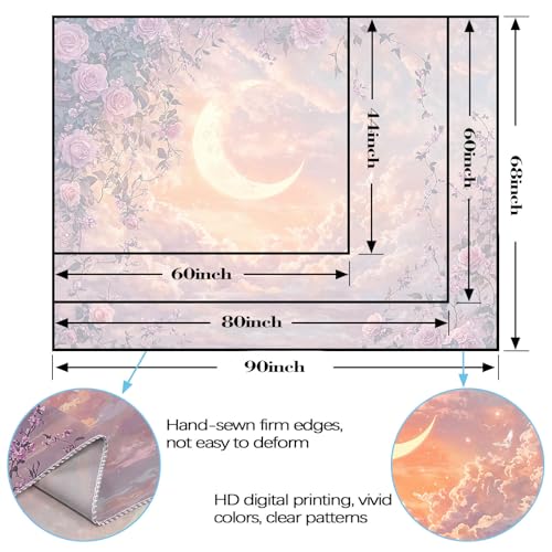 Wegklazax Pastel Rose and Moon Tapestry, Romantic Cloudscape Wall Art for Room Decor, Dreamy Floral Aesthetic Home Decor 80" L x 60" W - color: Purple Yellow, size: 80"L x 60"W