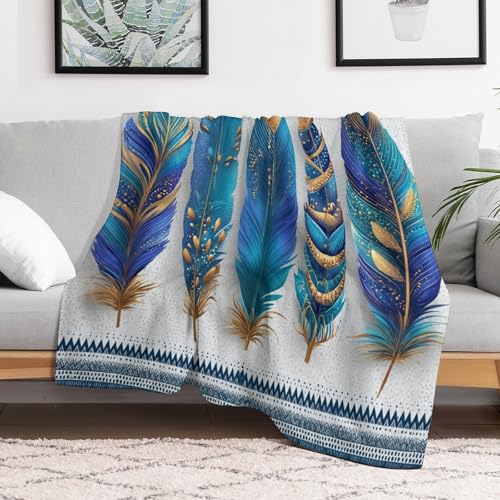 Blanket Boho Feather Gold Ornament Throw Blanket for Women Men, 60"x80" Blue Geometric Pattern Border Plush Flannel Throws, Decor for Bed Couch Bedroom - color: Boho Feather Gold Ornament, size: 60"x80"