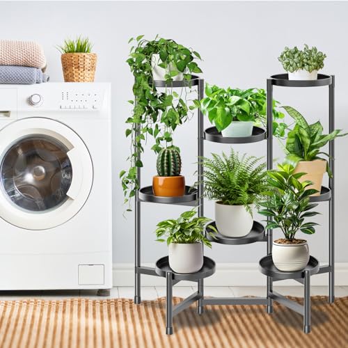 5 Tier Plant Stand Indoor Tall, Adjustable Black Plant Shelf for Multiple 8 Potted Flower Plants Holders, Corner Metal Flower Display Rack for Patio Garden Balcony Living Room Office (A) - color: 8 pots-Black