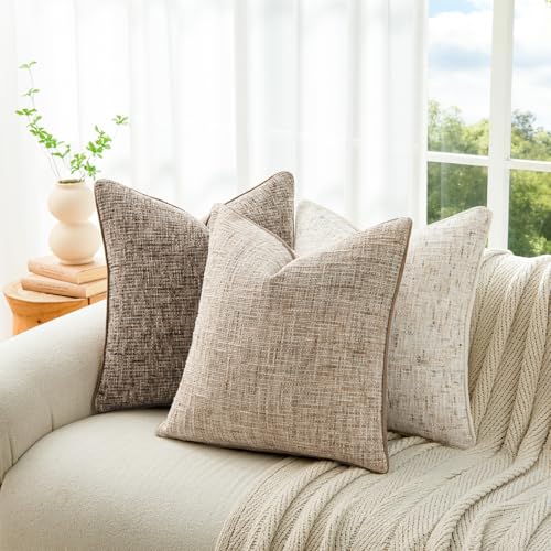 a moment Khaki Reversible Pillow Covers 2 Pack - Farmhouse Chenille Throw Pillows, Neutral Textured Decorative Throw Pillow Covers with Border for Couch Sofa Bed (20x20 Inch, No Insert) - color: Khaki, size: 20" x 20" (Pack of 2)