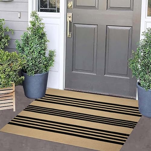 Front Outdoor Door Mat 2'x3',Khaki and Tan Striped Outdoor Rug Machine Washable Cotton Layered Door Mat Entryway Throw Rug for Indoor Entrance - color: Khaki2, size: 2' x 3' (Rectangular)