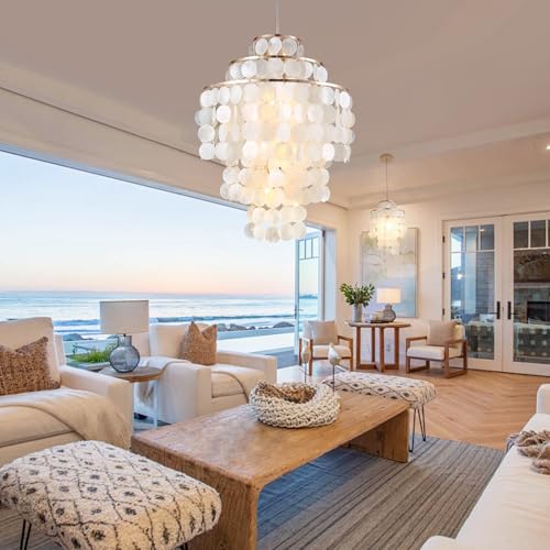 Capiz Shell Chandelier,18" Gold Coastal Chandelier Light Fixture with 4 Lights Capiz Seashell Pendant for Living Room Foyer Kitchen Island Entryway Dining Room Bedroom,LED Bulb Included - size: 18 inch