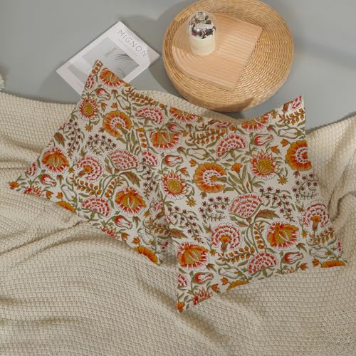 Boho Pillow Covers 16x16 Inch 2 Pcs Fall Burnt Orange Yellow Green Vintage Floral Decor Throw Pillows Spring Flower Summer Outdoor Farmhouse Decoration Pillowcase Cushion Cover for Couch Sofa - color: Boho Burnt Orange Floral, size: 16" x 16" (Pack of 2)