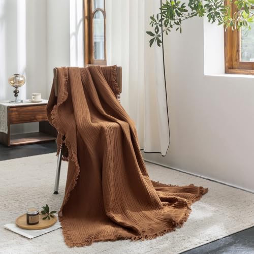 FOSSA Muslin Blanket with Fringe - 4-Layer 100% Cotton Gauze Super Soft & Breathable Throw -Lightweight Decorative Cooling Blanket for Bed, Sofa, Office -Throw XL Size 50" × 70" (Dark Orange) - color: Dark Orange, size: Throw XL (50" × 70")