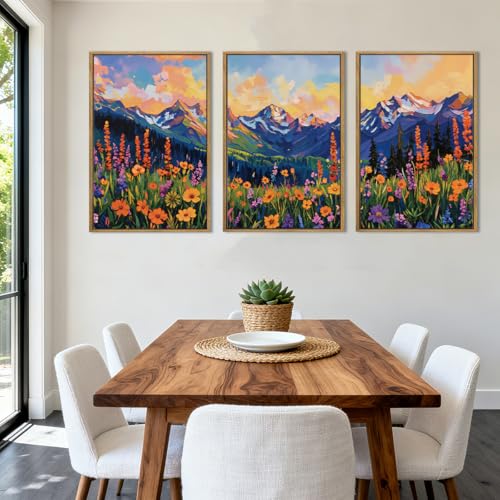 ANHUIB Colorful Wildflower Wall Art Boho Mountain Wall Decor Nature Floral Art Print 16x24 Inch Set of 3 for Living Room Bedroom Dining Room - color: Colorful Wildflower, size: 24"L x 16"W