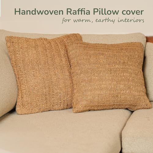 Raffia Hand Knitted Pillow Cover, 18x18 – Boho Decorative Cushion Cover for Couch, Sofa or Bed, Rustic Natural Throw Pillow Case