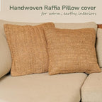 Raffia Hand Knitted Pillow Cover, 18x18 – Boho Decorative Cushion Cover for Couch, Sofa or Bed, Rustic Natural Throw Pillow Case